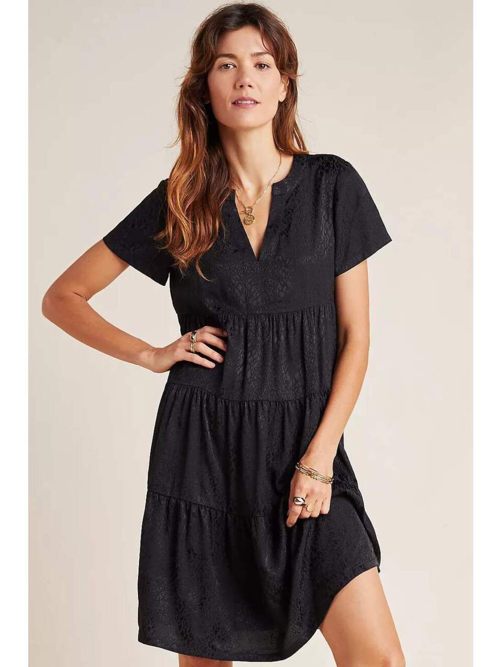 Anthropologie Maeve Sacha Jacquard Tiered Tunic in black, size Small.